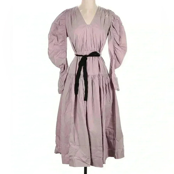 ULLA JOHNSON Gathered Midi Dress 2 Puff Sleeve Althea Tiered Skirt Cotton Bows - Picture 12 of 16